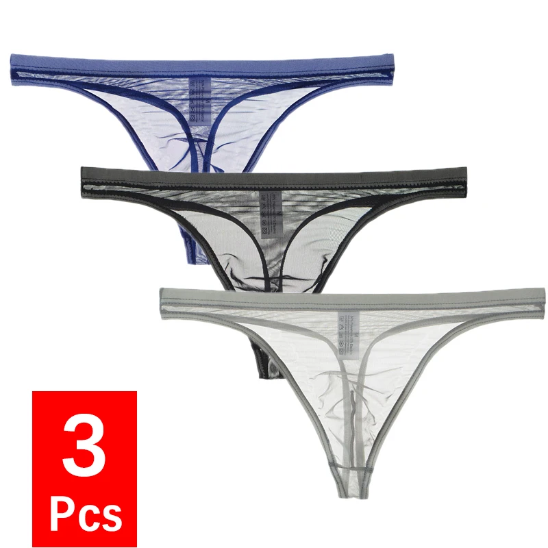 Ropa interior Sexy para hombre, Bikini de gasa de malla transparente, Tanga sólida, bragas ultrafinas con parte trasera en T, 3 uds./lote