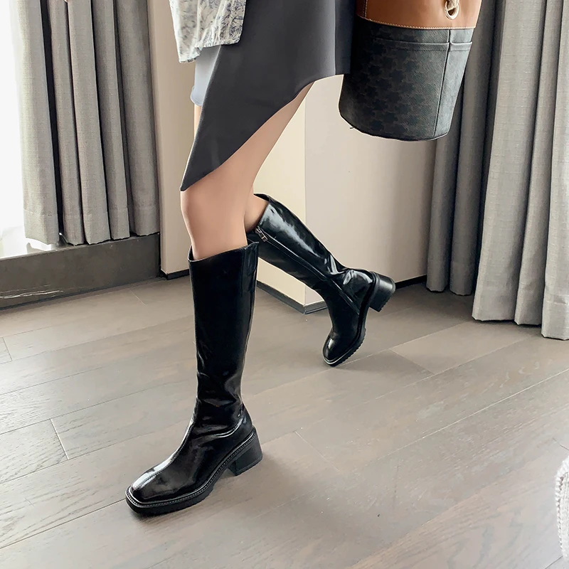 Taoffen Cow Leather Riding Boots Knee High Square Toe Block Heels Fashion Long Boots Ladies Flat Shoes Retro Women Knight Boots