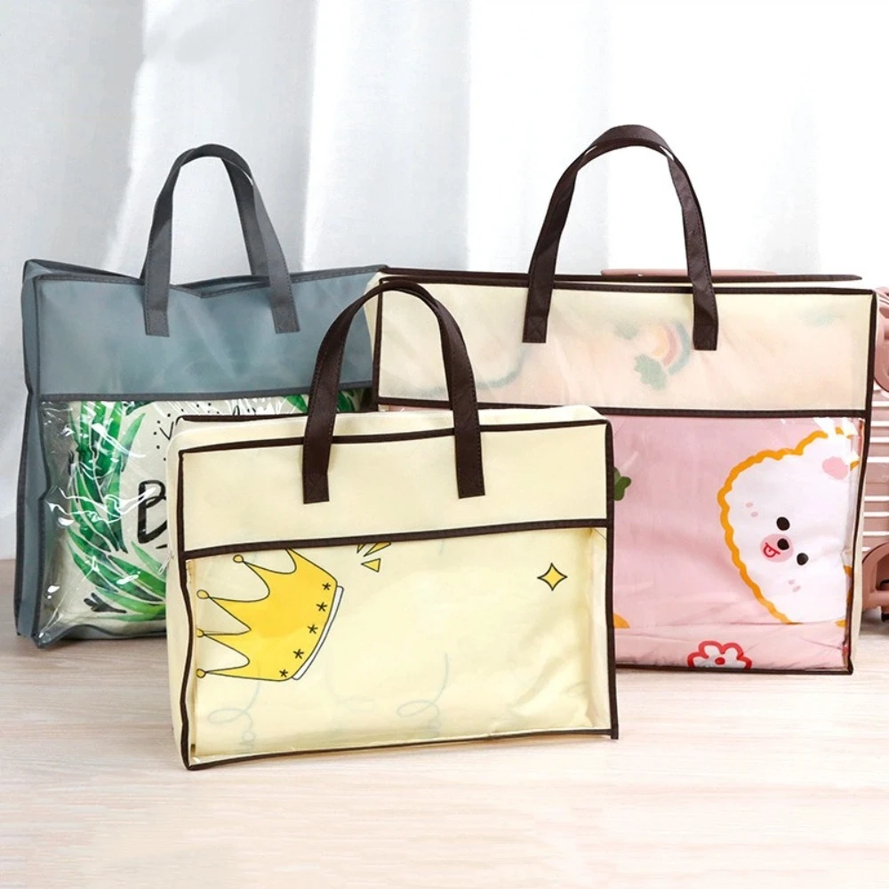 

New Transparent Clothes Storage Bag Zipper Closure Non-woven Dustproof Bag Large Capacity Handle Quilt Storage Bag Household Use