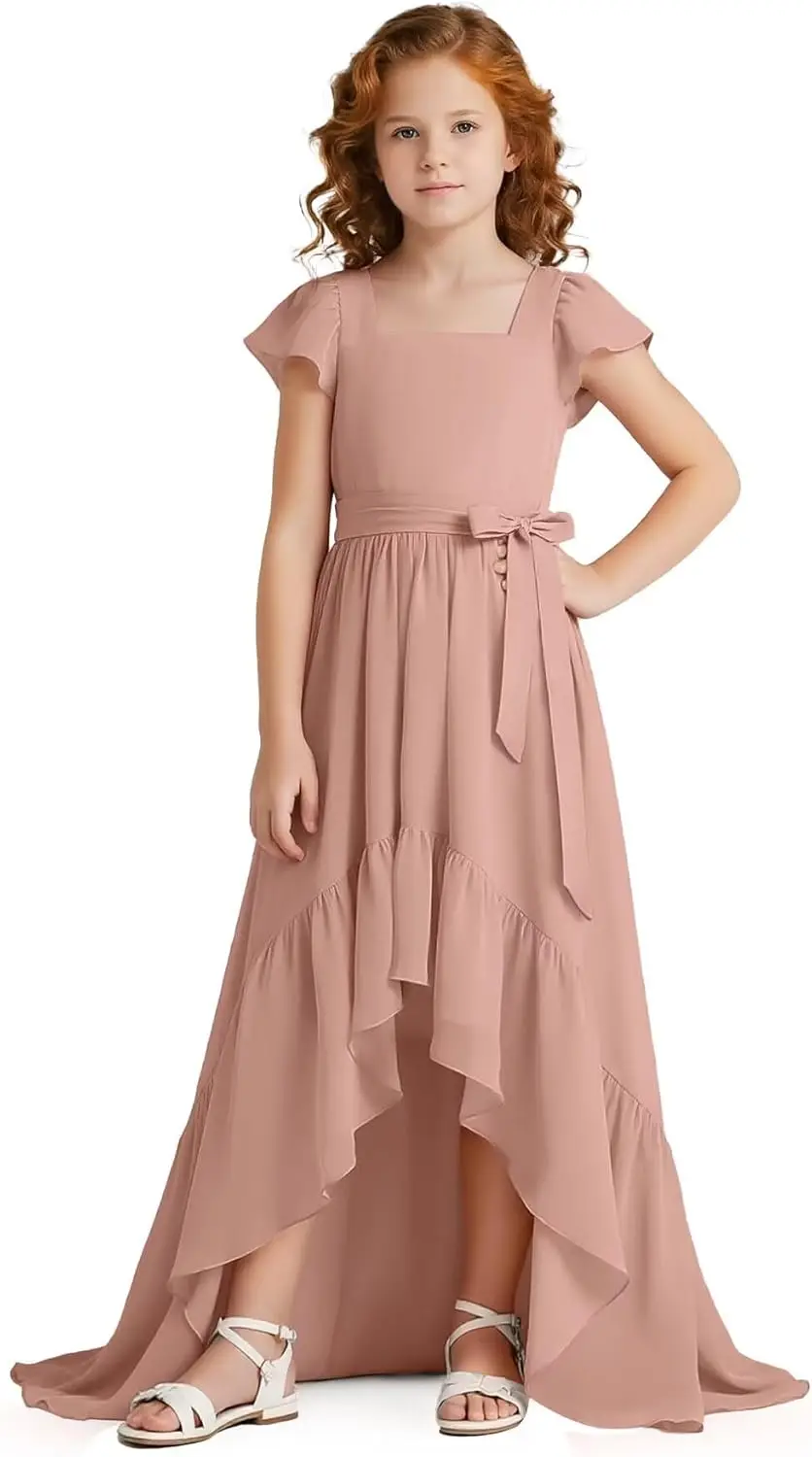 Платье подружки невесты трапециевидной формы с квадратным вырезом и коротким рукавом, шифоновое платье с цветочным узором для девочек, бальное платье подружки невесты для выпускного вечера, платье для девочек