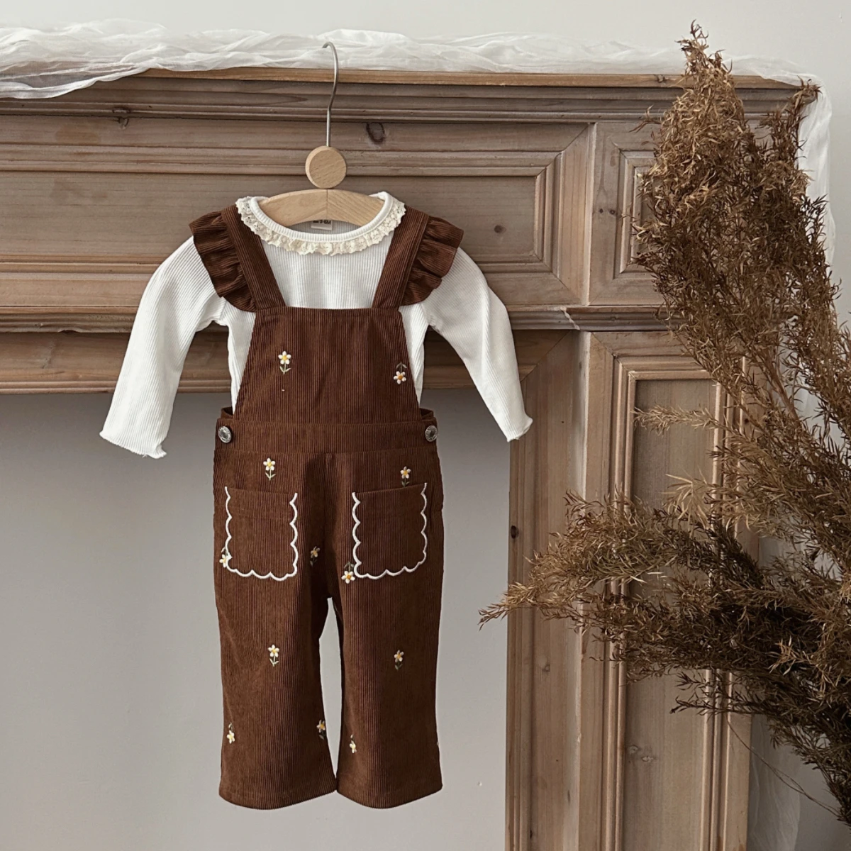 Baby Girl White Lace‑Collar Long‑Sleeve Top, Brown Corduroy Flower‑Embroidered Overalls Toddler 2‑Piece Outfit