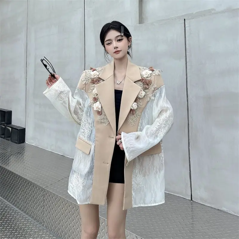 Women's Blazers Coat Embroidered Flower Patchwork Lace Suit Summer New Sunscreen Top