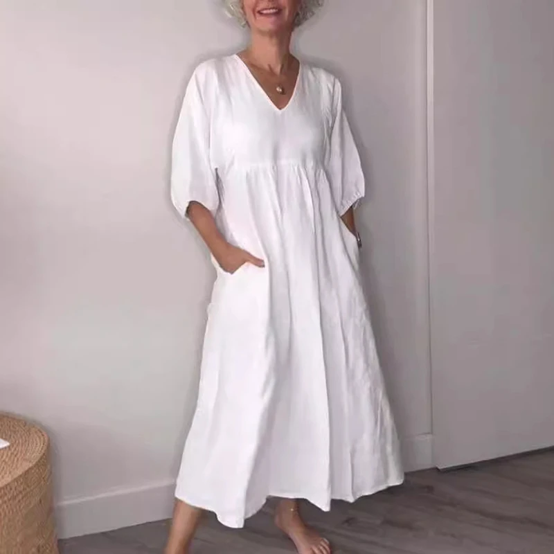 

Summer Elegant V-neck Pleated Dresses Fashion High Waisted 3/4 Sleeve Vestidos Dress Women Casual Loose Solid Pocket Maxi Dress