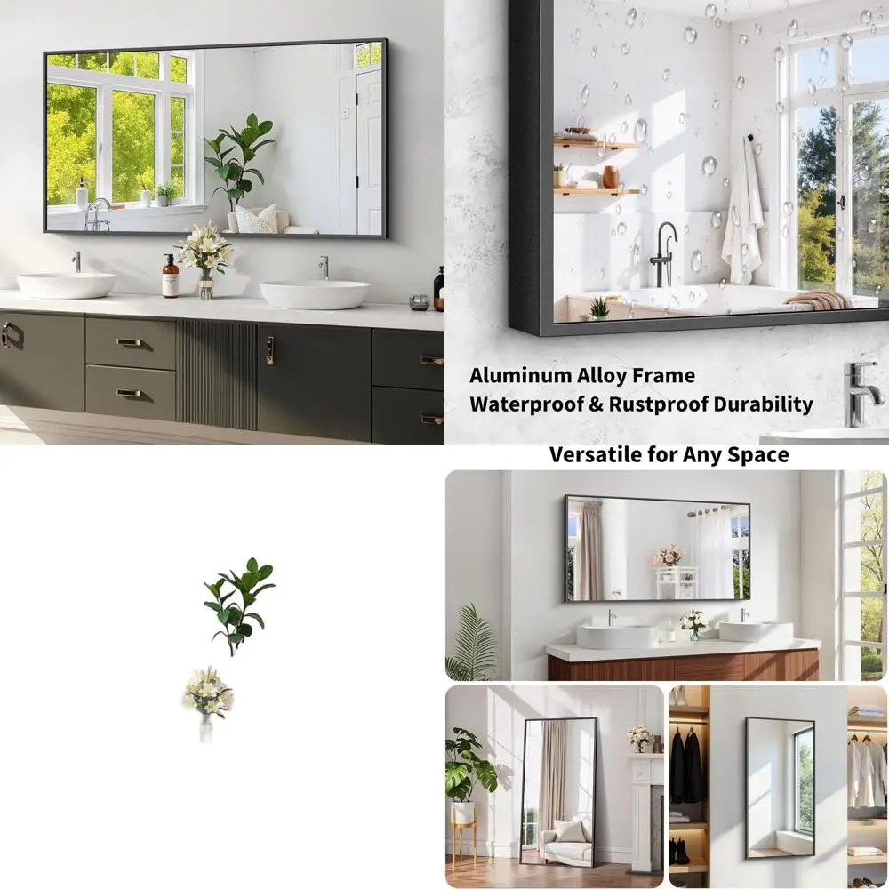 Espejo de baño inastillable de vidrio templado, 24x48, HD sin distorsión, marco de aluminio moderno, montaje horizontal/vertical
