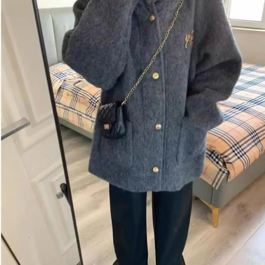 

plus Size 300 Pou ey Hooded Woolen Coat Women's Autumn Winter Faion Korean Sle High-End Feelings Plump MM Outerwear