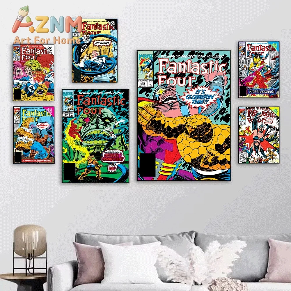 AZNM Fantastic Four Miracle on Yancy St Vintage Comic Collage Canvas Wall Art Unframed Print, Superhero Poster for Bedroom Liv