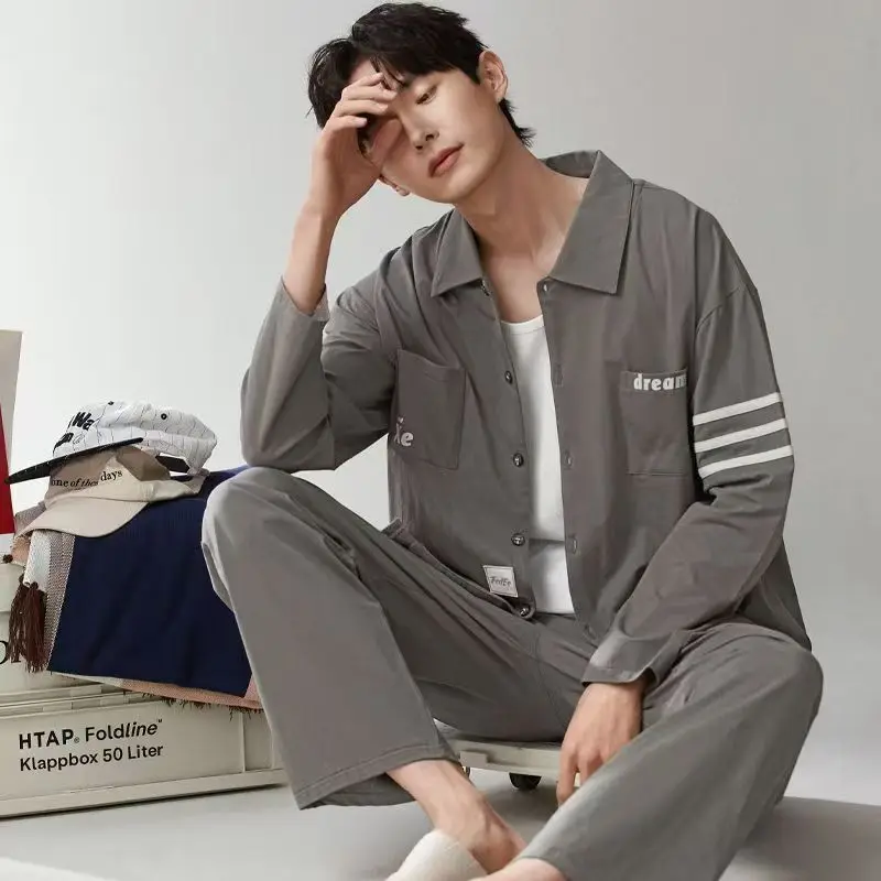 Повседневные носимые мужские пижамы, весенне-осенние длинные брюки с длинными рукавами, кардиган с лацканами, домашняя одежда, клетчатый комплект большого размера