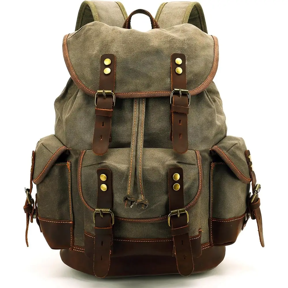 

Vintage Canvas Leather Backpack: Large Capacity, Durable Rucksack for Unisex Use - Ideal for Travel, College, Army Green Coffee
