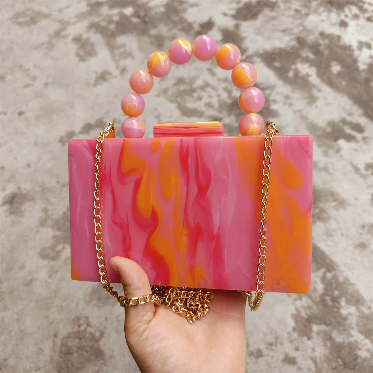 Marble Colorful Bright Orange Acrylic Box Clutches Women Shoulder Chain Messenger Beaded Tote Bag Wedding Evening Flap Handbags