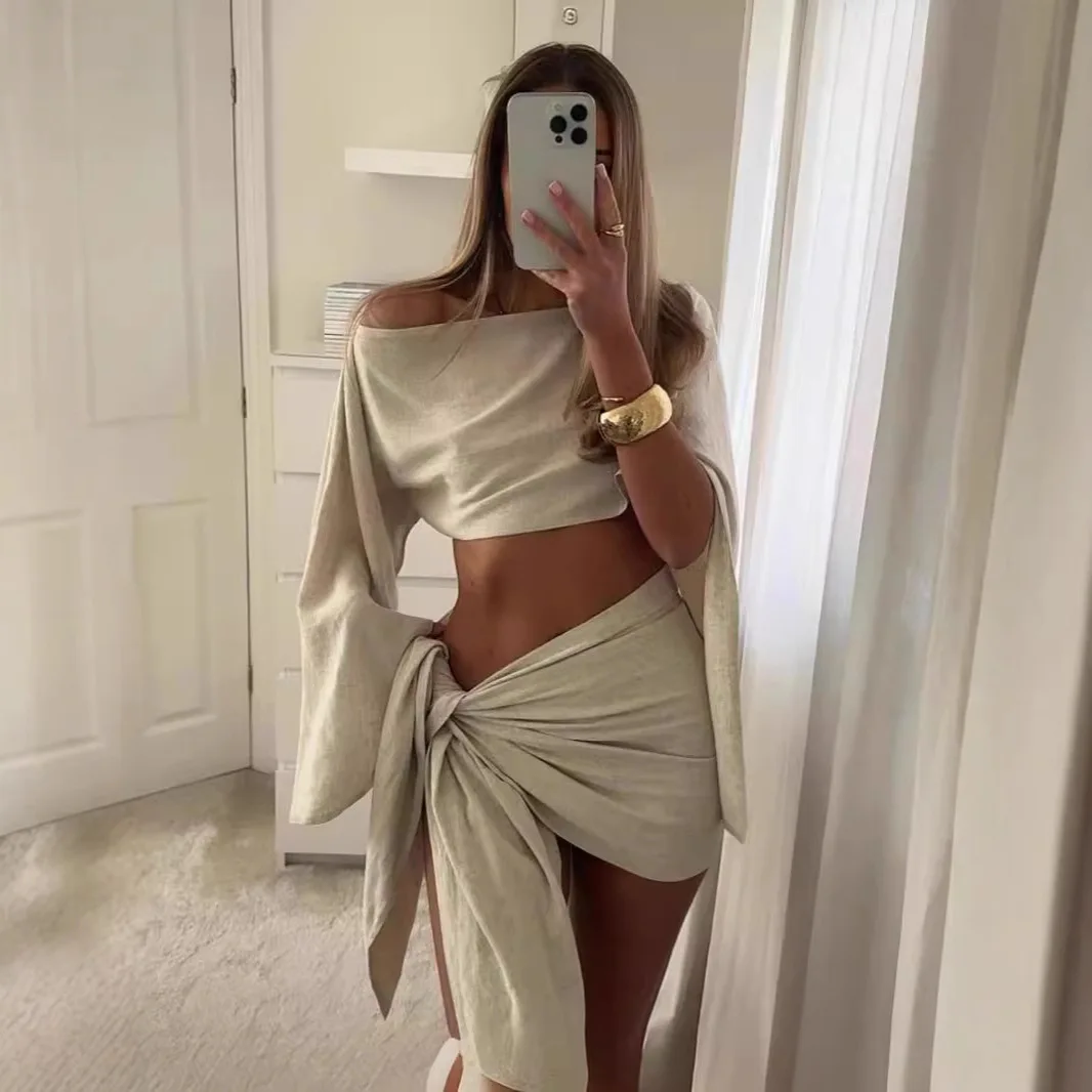Women Two Piece Beach Cover Up Set Off Shoulder Flare Sleeve Crop Top and Knotted Wrap Tie Skirt Summer Vacation Beachwear