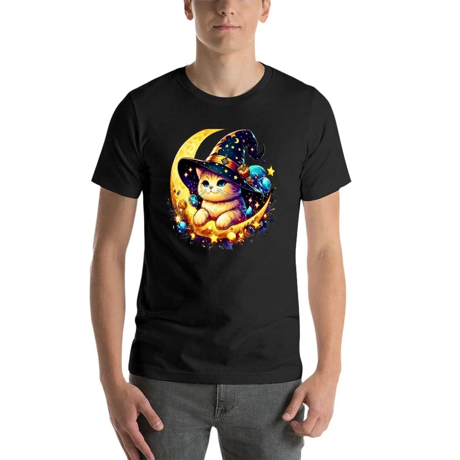 Meowgical Cat With Stars And Moons T-Shirt sublime oversized aesthetic clothes graphics mens cotton t shirts