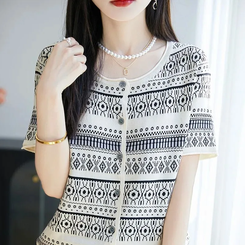 

Women's Retro Jacquard Knit Cardigan Short Sleeve Button Down Lightweight Breathable Summer Top