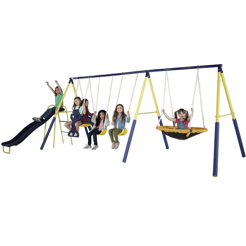 

Super Star Outdoor Kids Metal Swing Set: 2 Swings, 1 Flying Saucer, 1 Glider, 1 Wavy Slide - Exceeds ASTM Standards