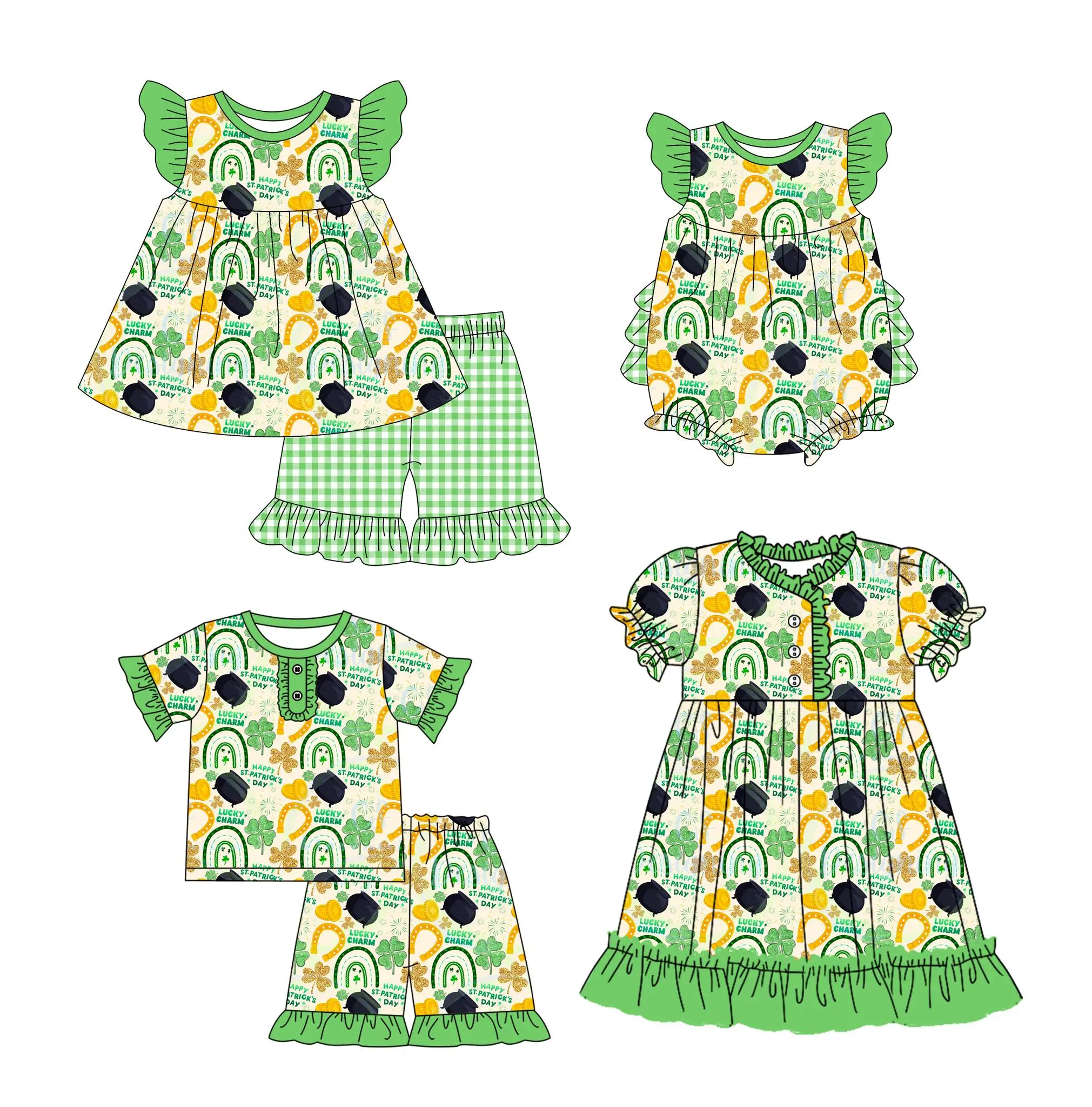 St. Parker Green four-leaf clover print boys and girls clothing short sleeve suit brothers and sisters