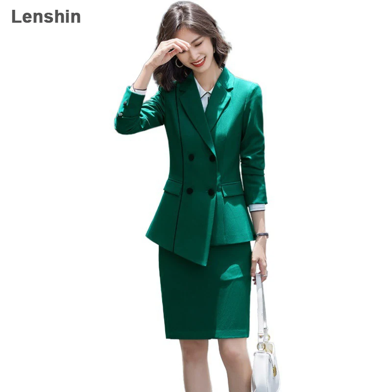 

Lenshin 2 Piece Elegant Formal Green Skirt Suit Fashion Asymmetry Blazer Office Lady Uniform Designs Women Business Sets