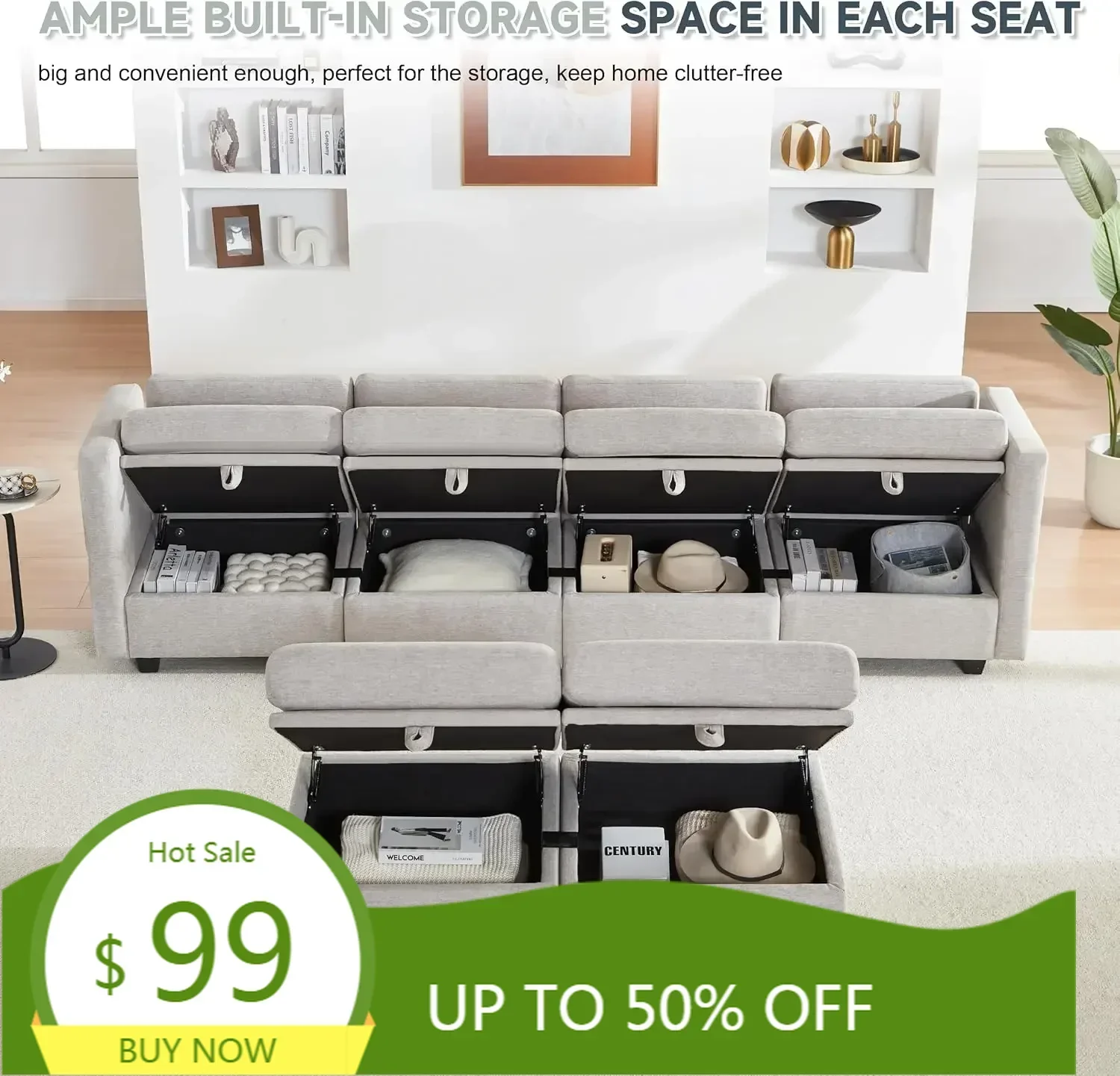 

Модульный секционный диван с поддержкой хранения вещей для гостиных, U-образный диван с местом для хранения вещей, многофункциональный диван-кровать с пуфиками