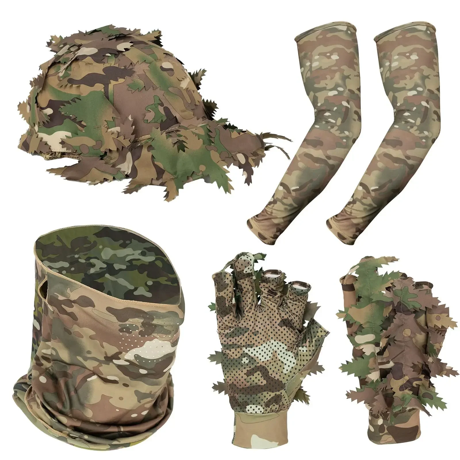 

Tactical Mask Combo Set with Leaf Cap Camouflage Tactical Gloves Ice Silk Arm Sleeves Multi Set