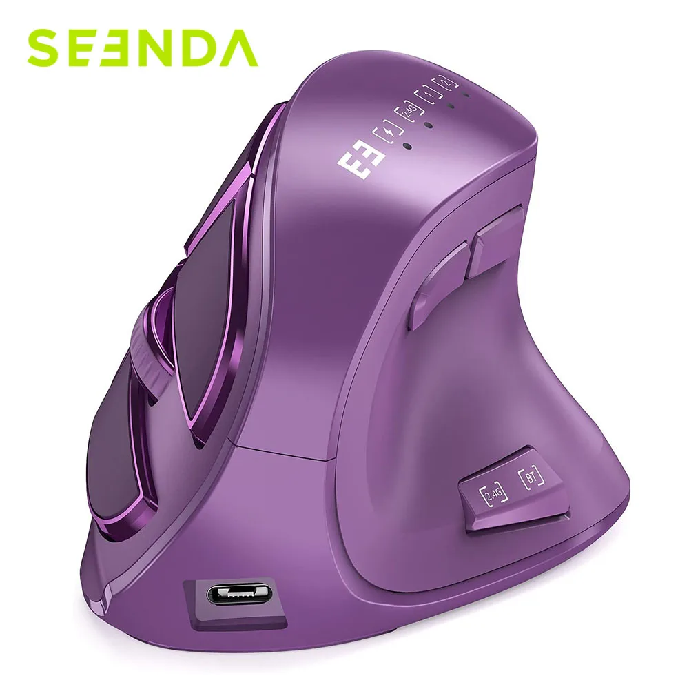 Seenda Wireless Vertical Mouse Rechargeable Ergonomic Optical Bluetooth 5.0 3.0 USB Mice for Mac Windows iPad Purple Black White