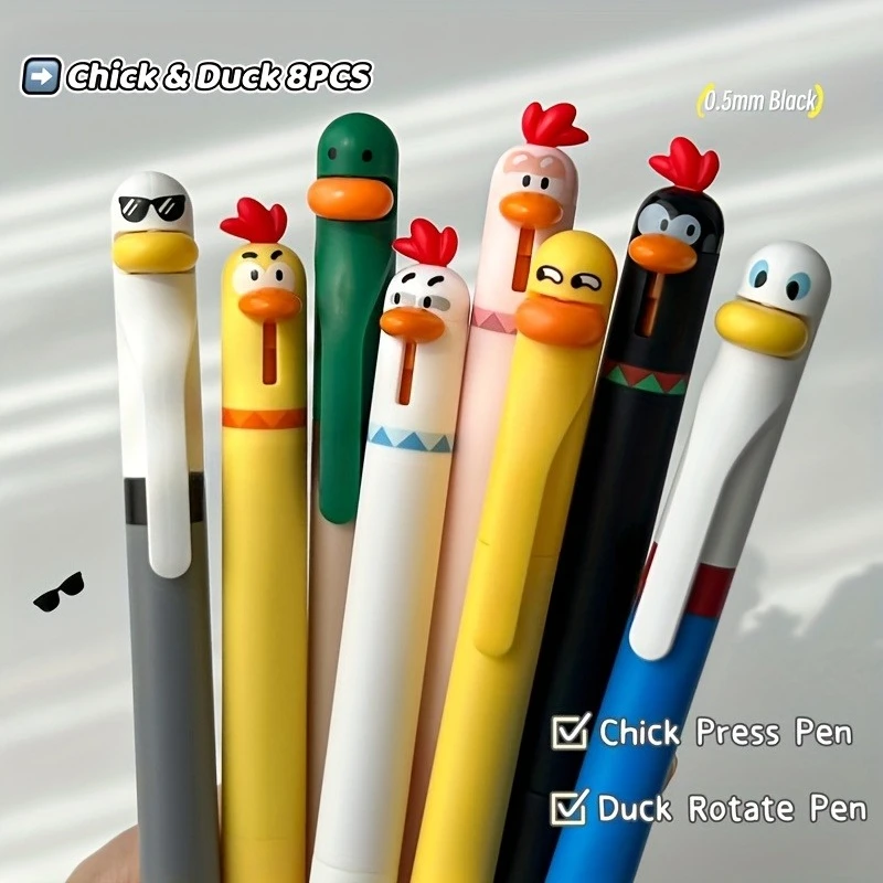 4pcs Duck and Chicken Creative Rotating Gel Pens, 0.5mm Black Writing Pens, Office Supplies, Small Gifts
