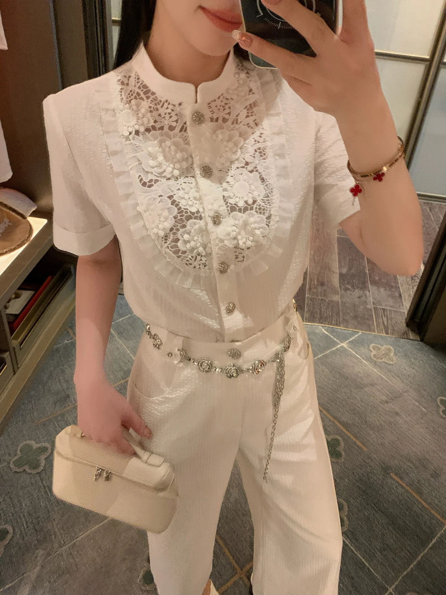 

Elegant Hollow out Design Heavy Duty Short Sleeve Stand Collar Shirt for Women by Yiyi Casual Style Floral Pattern Cotton Blend