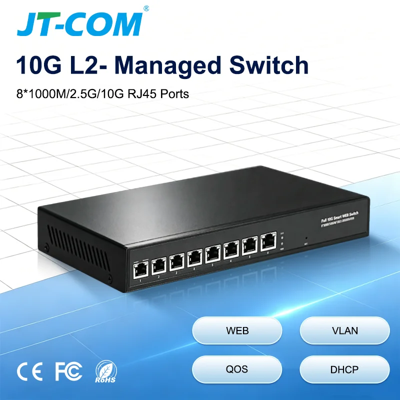 8‑Port 10G RJ45 L2- Managed Network Switch 10GBASE‑T Web Manage VLAN LACP QoS 10Gbps Ethernet Switch for NAS Home Server Lab