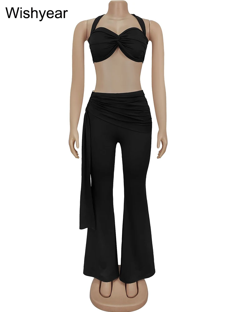 Wishyear Sexy Night Club 2 Piece Pants Set Women Halter Backless Knot Camisole and Flare Trousers Vacation Beach Party Outfits