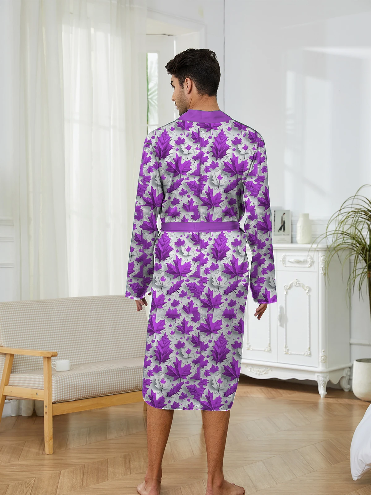 

New Purple Leaf Men's Home Pajamas Spring and Autumn Thin Long Belt Bathrobe Long Sleeve Pajamas Leaf Print
