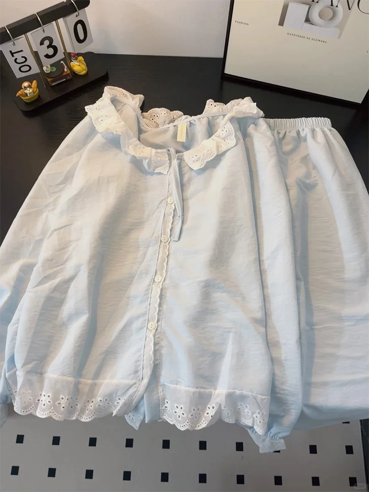 

Sweet Princ Sle Long Sve Spwear Women's Home Clothes Summer New Arrival Milk Blue Outerwearable Comfortable Cotton