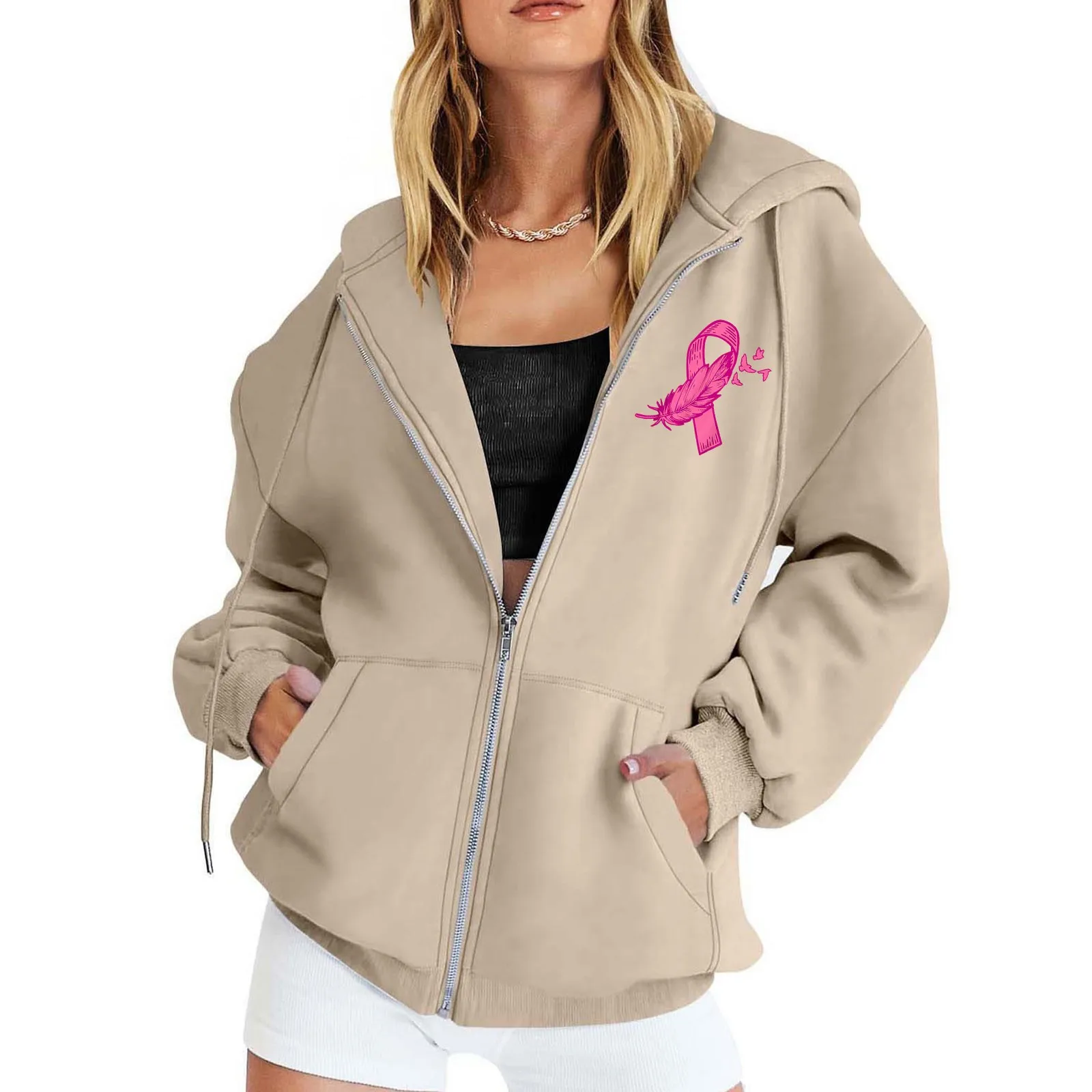 

Women's Breast Cancer Prevention Monthly Oversize Zipper Long Sleeve Hoodie Sweatshirt Casual Soft Drawstring Sportwear