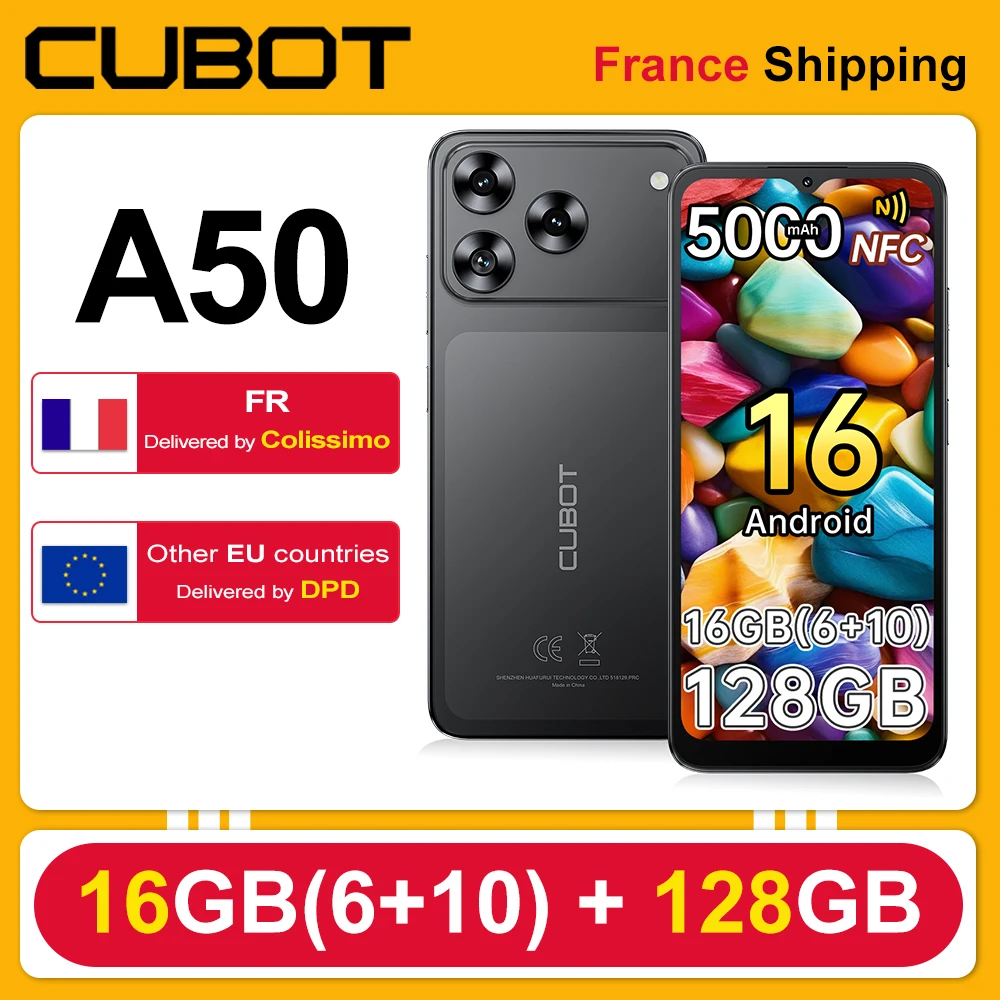 [Spedizione dalla Francia] Smartphone Cubot A50, Android 16, 16 GB (6+10) RAM + 128 GB ROM, schermo FHD+ da 6,58 pollici 1080*2408, 60Hz, Doppia Nano SIM, batteria 5000mAh, fotocamere 48MP+16MP, NFC,