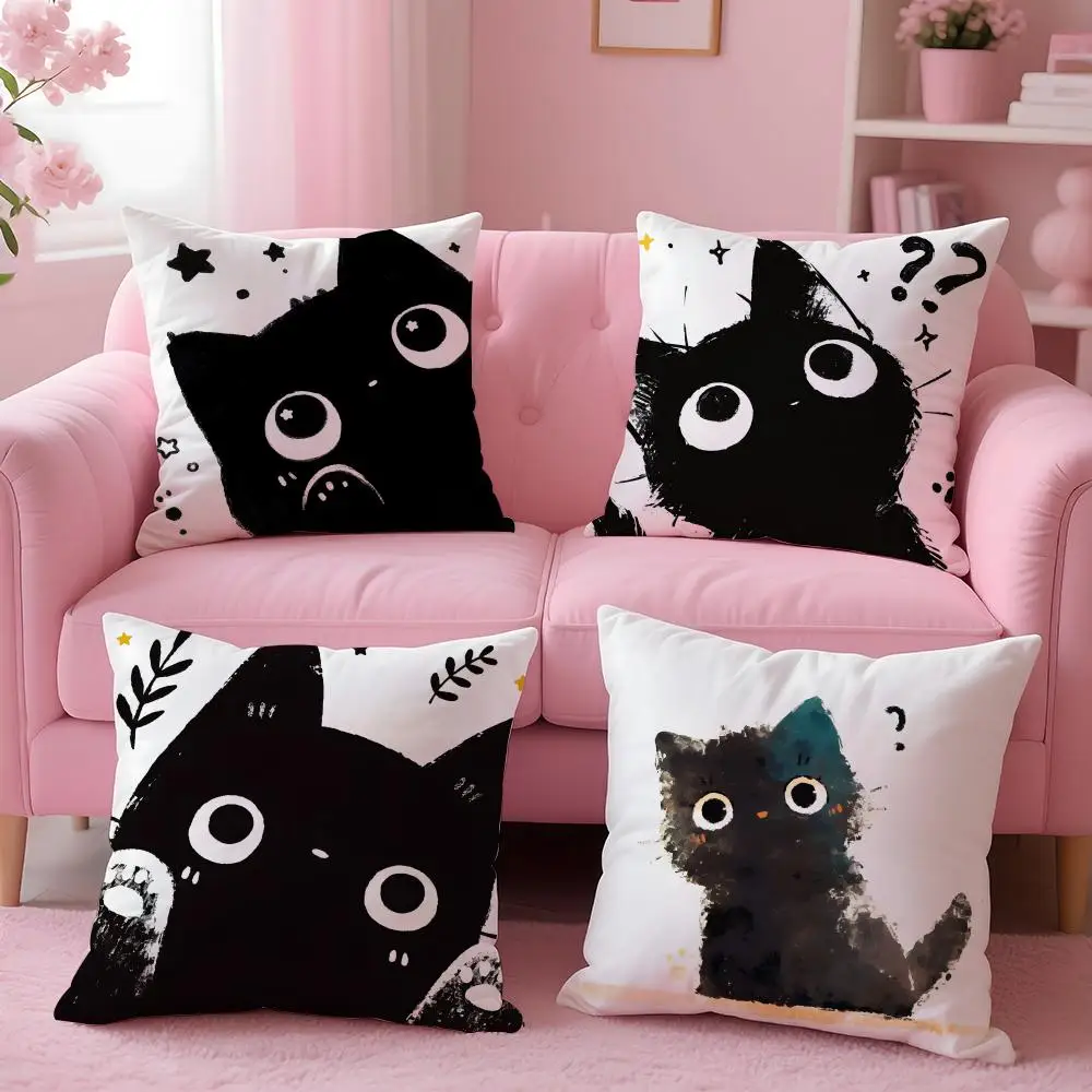 Creative Cute Minimal Art Black Kitten Cat Head Cushion Cover Pillow Case Soft Skin Friendly Fabric & Concealed Zipper