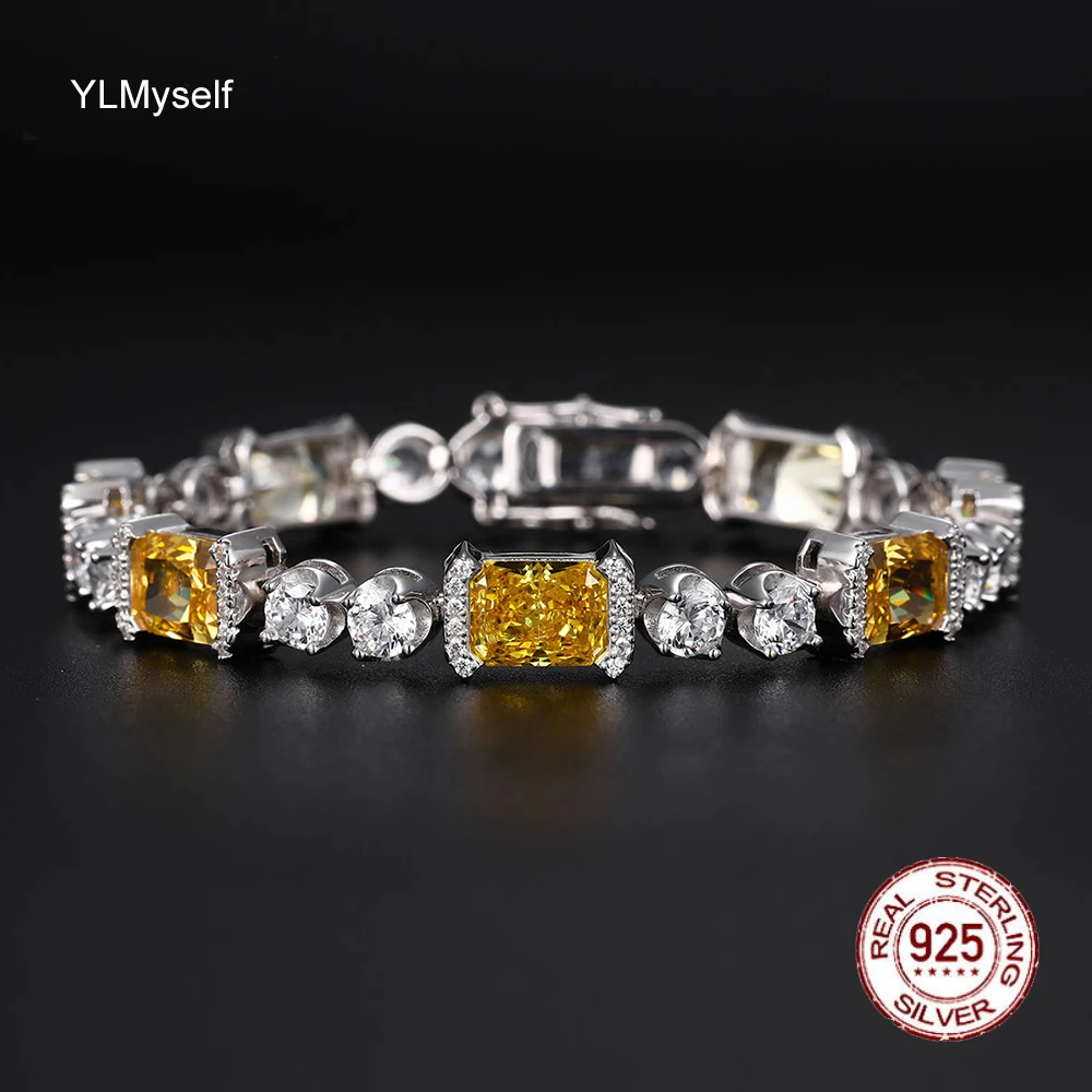 

Solid Silver 16.5/18.5 cm Bracelet Pave 6*8 mm Rectangle Yellow Zircon Luxury Real 925 Jewelry For Women