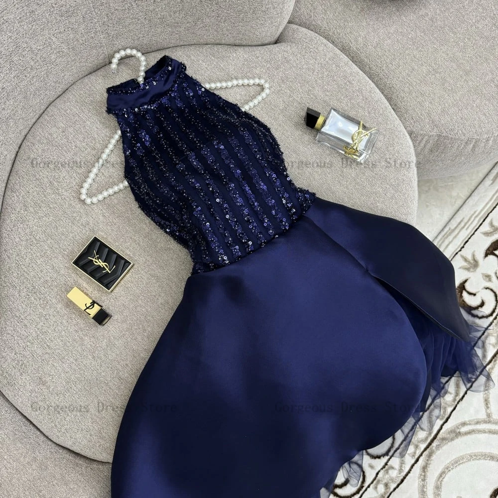 Elegant Navy Blue Evening Dresses High Neck Sleeveless Prom Gowns Beadings Sequined Tea Length A-Line Party Dress فساتين السهرة