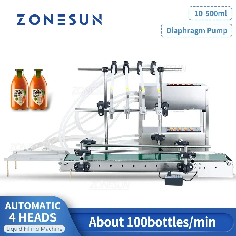 ZONESUN Automatic 10-500ml Filling Machine Digital 4 Heads Diaphragm Pump Drink Milk Bottle Liquid Filler With Conveyor