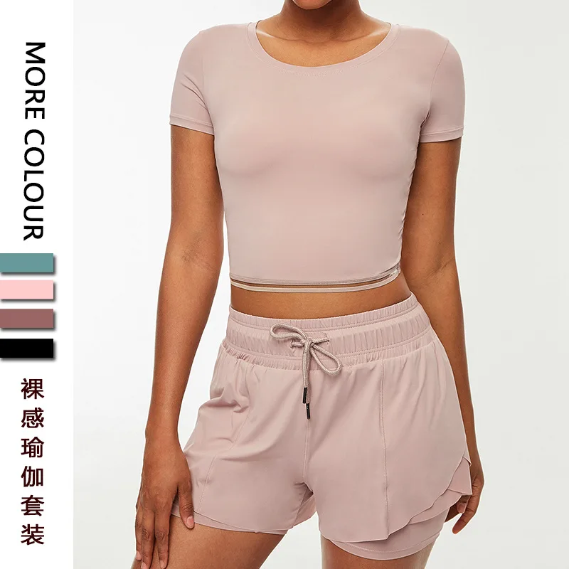 

Dave&Di New Fashion Women's Yoga Clothing Suits Gym Navel Short ClothesTop and Sports Casual Shorts Two Pieces Sets Women