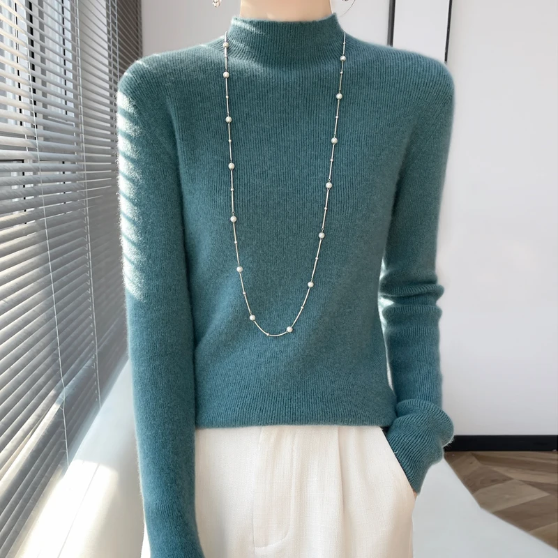 Women's Autumn Winter New Arrival Merino Wool Pullover Mock Neck Sweater Inner Solid Color Wear Figure‑Flattering Knit Top