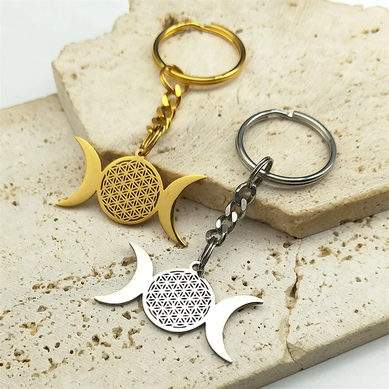 Witch Triple Moon Goddess Keychain for Women Men Stainless Steel Gold Color Wicca Flower Seed of Life Key Ring Jewelry K3766S02 image 4