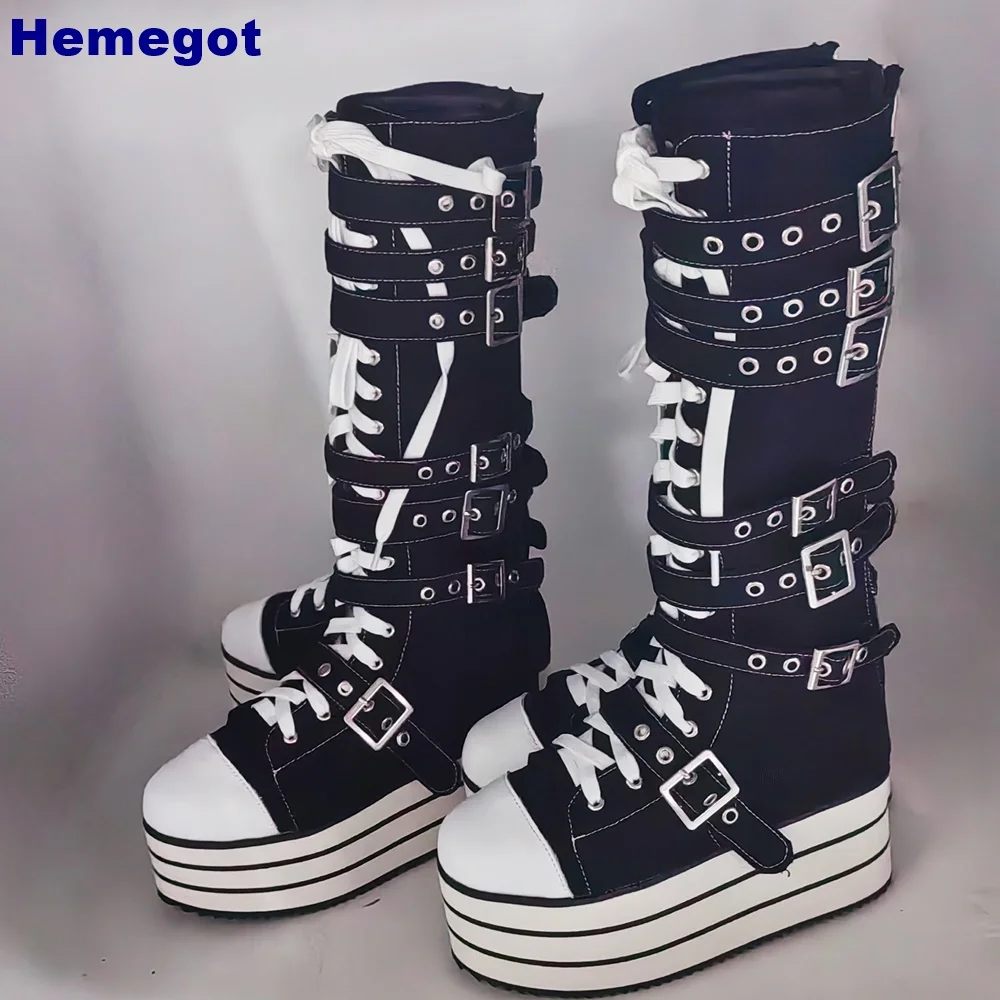 

Platform Rivet Belt Buckle Canvas Boots 2024 New Round Toe Street Punk Cross-Strap Casual Shoe Fashion Ladies Motorcycle Boots