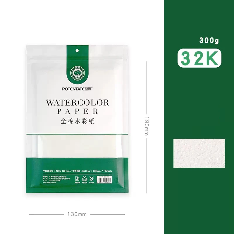 Papel de acuarela 100% algodón, 10 hojas/bolsa, 300GMS
