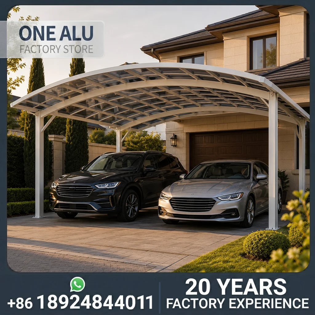 OneAlu Precision Heavy-Duty Double Vehicle Protection for Modern Villa Driveway Aluminum Curved Polycarbonate Carport