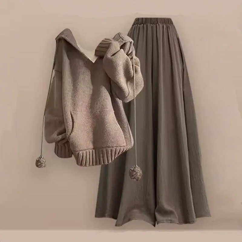 Single Piece/set Female Student Pleated Skirt Solid Color Knitted Sweater High Waist Wide Leg Pants Skirt Two-piece Setshort Set