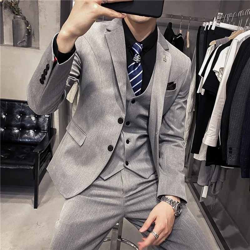 S-7XL ( Blazer + Vest + Pants ) Striped Plaid Solid Color Mens Formal Business Suit 3Pcs Set Groom Wedding Social Show Dress