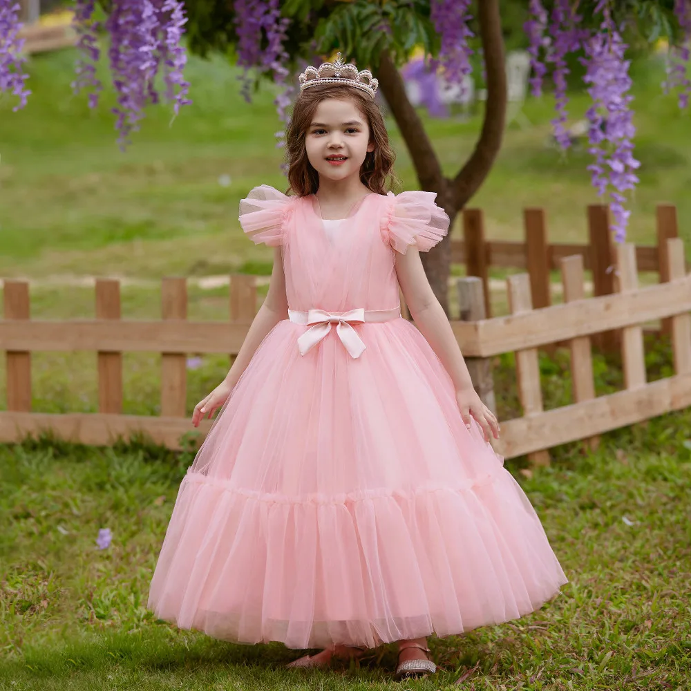 Elegant Bridesmaid Dress For Flower Girls Teenager Kids Flared Sleeve Bow Sweetheart Princess Dress Carnival Costumes Teens Wear