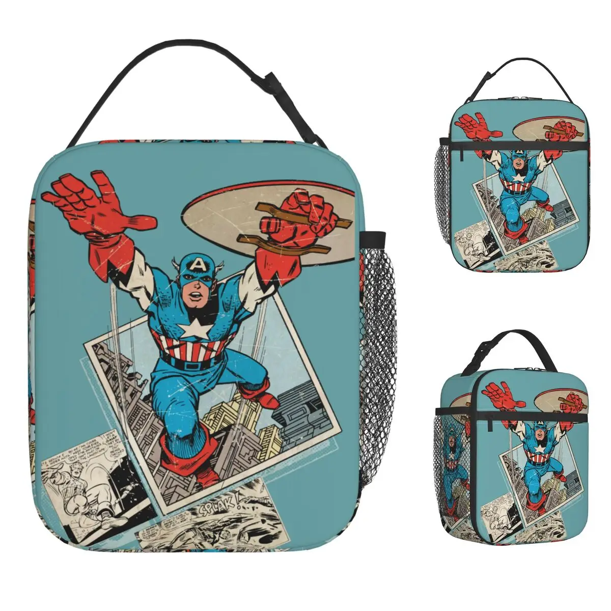 

Captain America Leaping Out Of Comic Insulated Lunch Bags Leakproof Meal Container Cooler Bag Tote Lunch Box Picnic Girl Boy