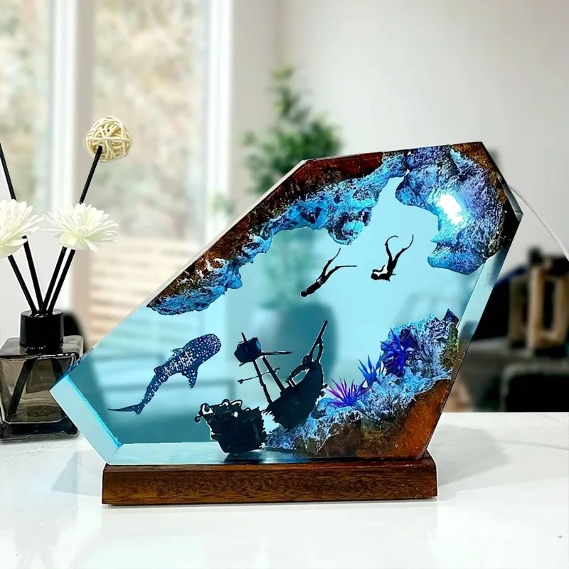 Luz de mesa de resina para exploración de fondos marinos, lámpara de decoración de arte creativo, buceo, barco hundido, tema nocturno, carga USB