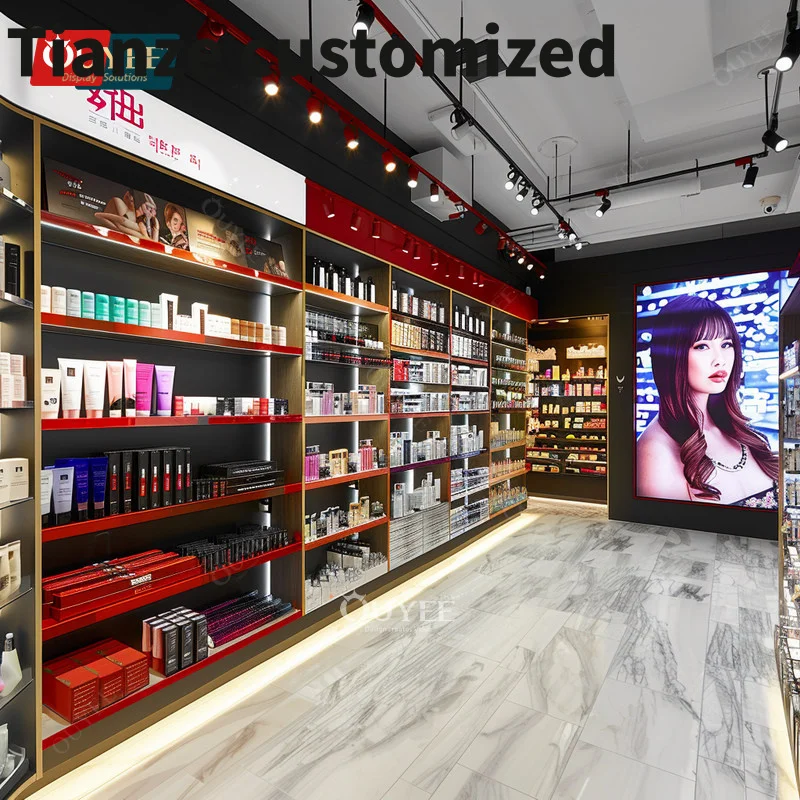 

Customized-Wig Shop Decoration Design Perfume Cabinet Beauty Wooden Shelf Luxury Golden Paint Cosmetic Product Display