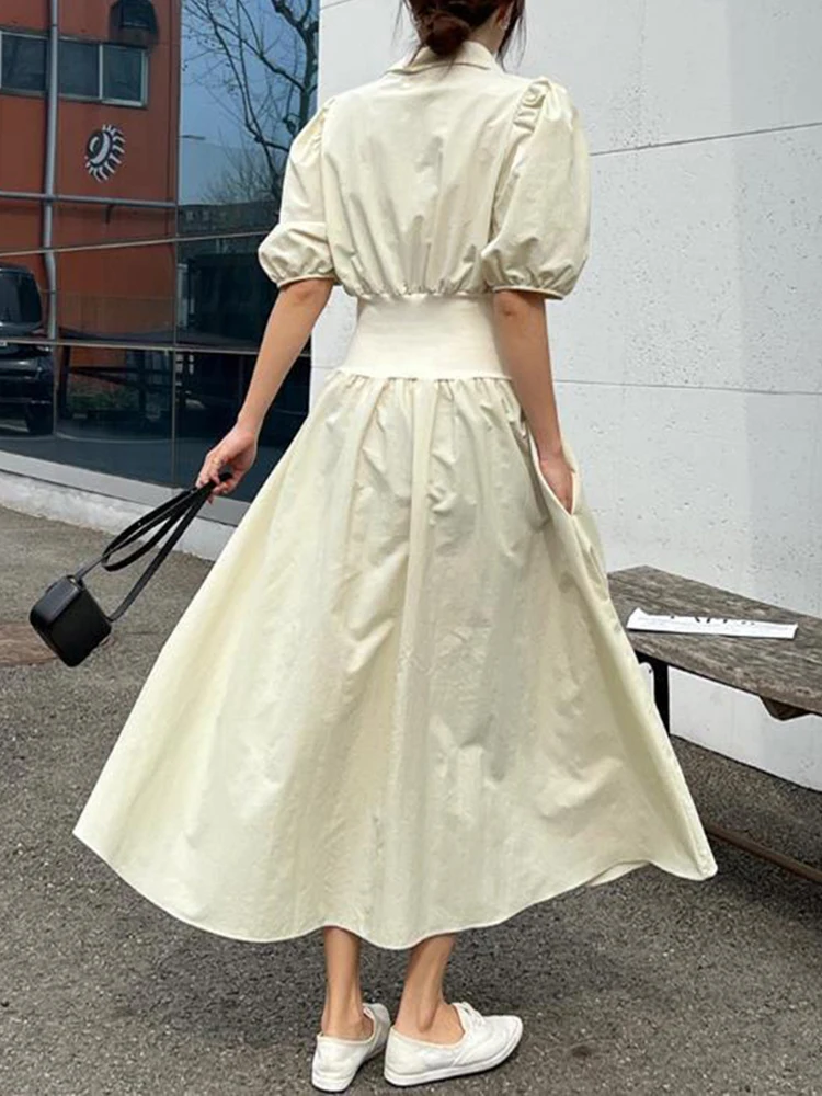GALCAUR Casual Patchwork Zipper Dress For Women Lapel Puff Sleeve High Waist Tunic A Line Sweet Dresses Female Clothing 2025 New