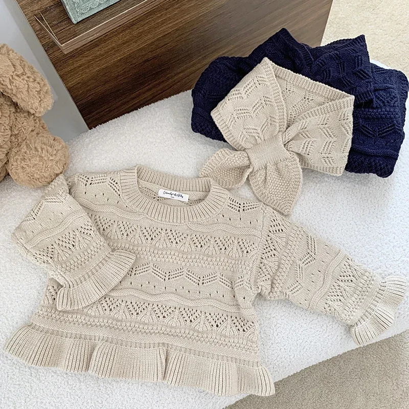 New Baby Girls dzianinowy sweter bawełniany sweter z długim rękawem + szalik 2 szt. Jesienne zimowa bluza ubrania dla niemowląt