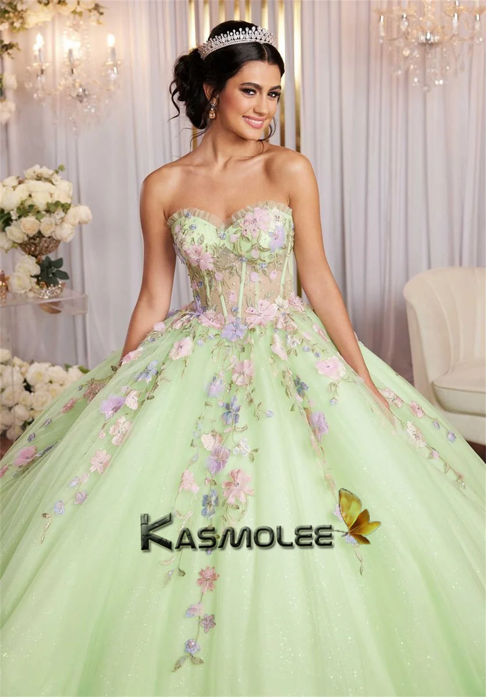 فساتين Quinceanera من Kasmolee Pastrol Ball 15 Ans بدون أكتاف وأربطة من الدانتيل مزينة بالدانتيل مخصصة