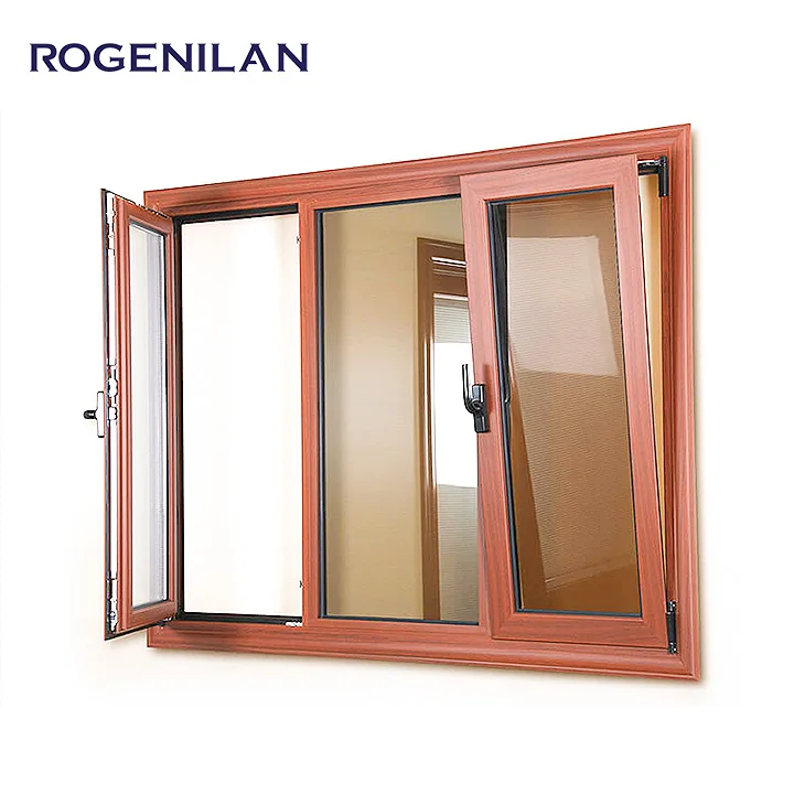 Rogenilan Wooden Grain Aluminium House Casement Window Double Hollow Glass Tilt and Turn windows with Shutters